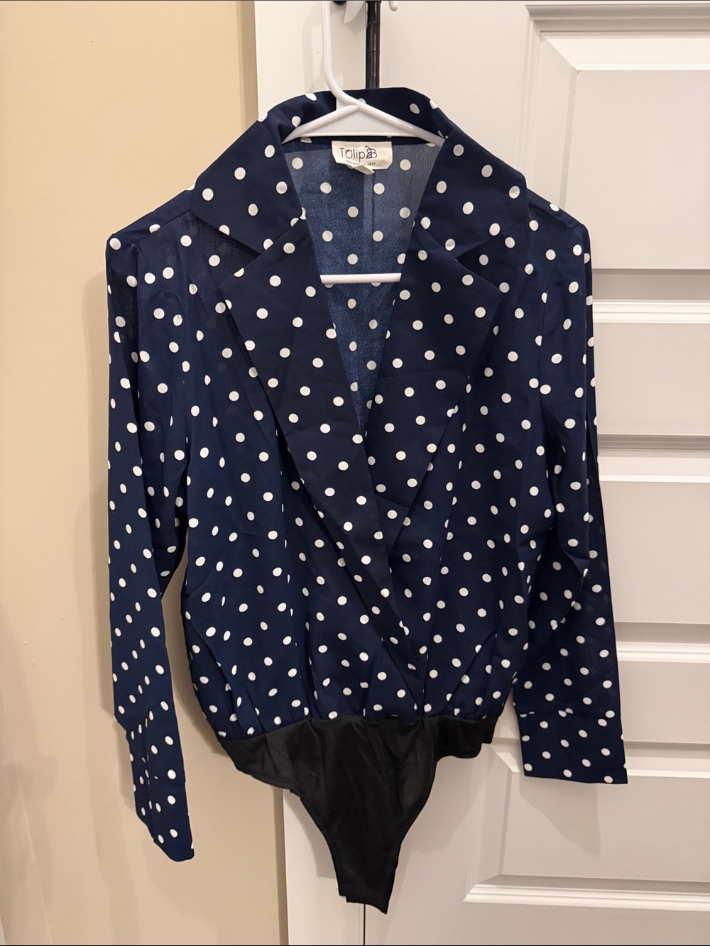 Tolipa Navy Polka Dot Wrap-Front Bodysuit